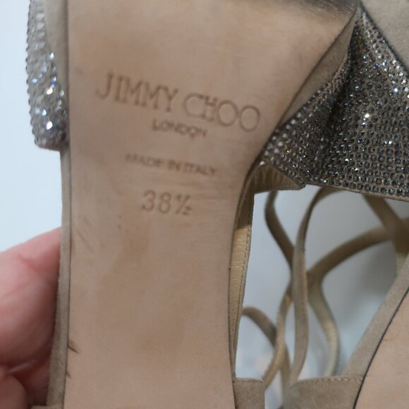 Authentic Jimmy Choo Taupe Bedazzled Suede Ankle Strap Zip Heels 38.5 US/8.5 - Picture 14 of 16